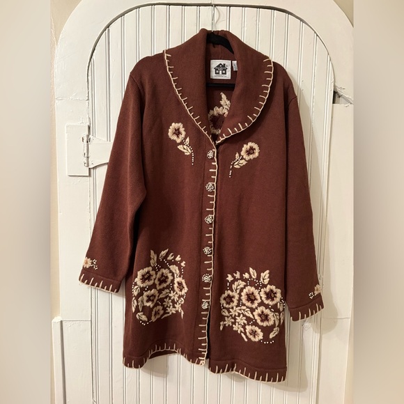 Storybook Knits Long Embroidered Floral Duster Cardigan Brown Women’s 2X - Picture 2 of 10